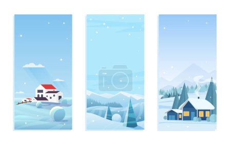 Photo for Christmas nature landscape vector illustration set. Cartoon flat frost scenery for winter season, Christmas and new year holidays with village houses under snow on snowy hills, snowballs background - Royalty Free Image