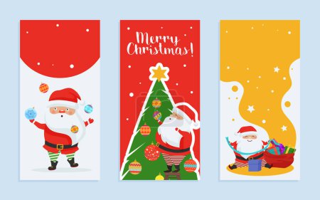 Photo for Merry Christmas greeting card vector illustration set. Cartoon cute Santa Claus character decorating Christmas tree, sitting with bag of gifts boxes and Xmas decorations, winter holidays collection - Royalty Free Image