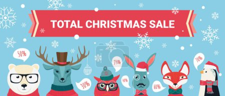 Photo for Christmas sale vector illustration. Cartoon forest animal celebrating Christmas, winter holidays season with discount offer in shop, coupon promotion template seasonal background - Royalty Free Image