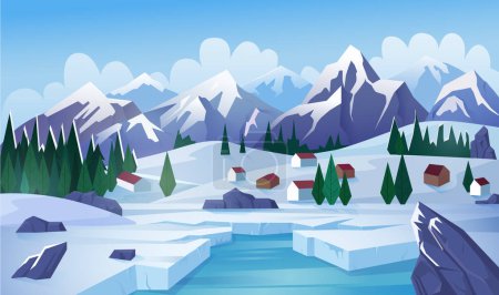 Photo for Winter lake flat vector illustration. Rural landscape, countryside, highland, mountain village, lake houses, small cottages. Winter day, cold weather, frozen pond, ice on lough surface - Royalty Free Image