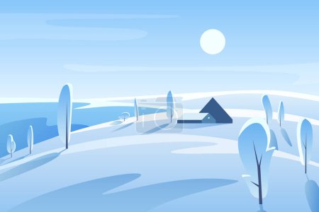 Photo for Winter picturesque landscape vector illustration. House on snowy hill in sunny day. Rural area. Countryside in wintertime. Frosty nature view with trees. Wintertime outdoor scene. Seasonal background - Royalty Free Image