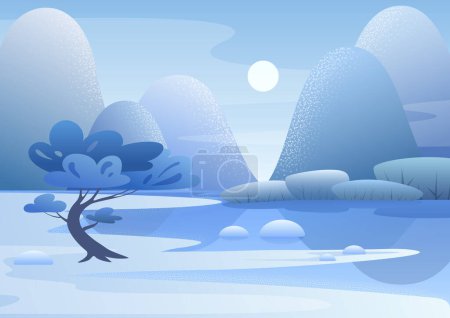 Photo for Blue mountain landscape flat vector illustration. Winter nature in sunny day. Tree on snowy riverbank. Scenic view. Seasonal background. Frozen plants in forest. Wintertime outdoor scene with snow - Royalty Free Image