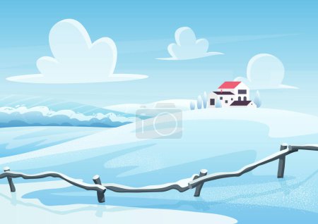 Photo for Winter landscape cartoon vector illustration. Houses on snowy hill. Rural area in cold day. Frosty nature view. Countryside in wintertime. New year and christmas card design. Seasonal background - Royalty Free Image