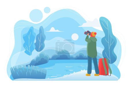Photo for Man traveler with binoculars flat vector illustration. Nature lover cartoon character. Man looking at landscape in cold winter day. Wildlife observation, traveling. River, forest, lake - Royalty Free Image