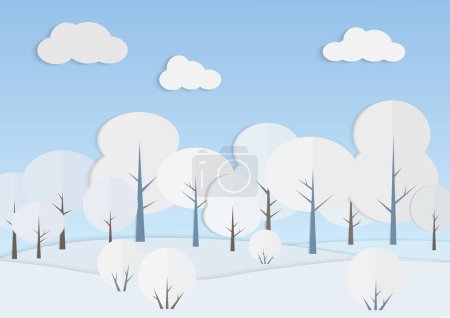 Photo for White trees in winter forest vector illustration. Snowy landscape under blue sky paper art. Nature view in cold day. New year and christmas card design. Seasonal scenery background - Royalty Free Image