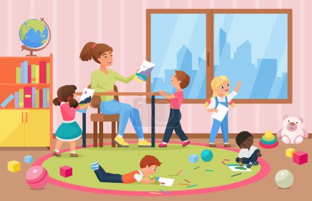 Photo for Happy kids artists painting for teacher in kindergarten interior background - Royalty Free Image