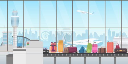 Cinta transportadora en la moderna sala del aeropuerto. Reclamación de equipaje ilustración vector de dibujos animados
