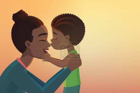 Photo for Cute little black african american boy kid kisses his happy mother cartoon vector illustration - Royalty Free Image