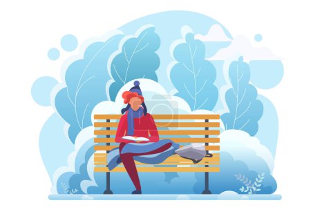 Photo for Young man reading in winter cold park flat vector illustration. Smart student studying, bookworm cartoon character. Boy sitting on bench with book. Literature hobby, intellectual recreation - Royalty Free Image