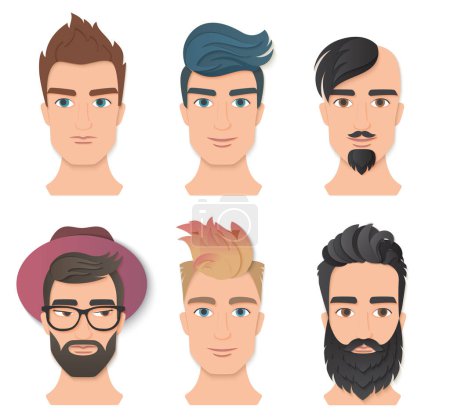 Illustration for Male portrait avatar face set vector illustration. Young stylish man faces with various beards and hairstyle. Trendy paper layered cut art. Origami beauty fashion concept logo - Royalty Free Image