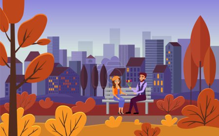 Photo for Romantic date, young couple sitting on bench together in autumn golden city leisure - Royalty Free Image