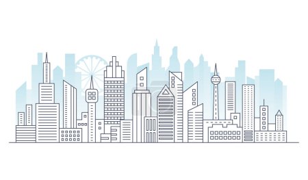 Illustration for Line modern urban big city panorama with color building on background. Outline stroke cityscape skyscrapers vector illustration - Royalty Free Image