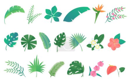 Photo for Cartoon tropical rainforest leaves and flowers set - Royalty Free Image