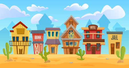 Wild-West-Vektorillustration. Cartoon-Western-Stadtbild mit alten Holzhäusern für Cowboys, Sheriff-Büro, Hotel und Bank auf der Straße, leerer Hintergrund wilder westlicher Wüstenlandschaft