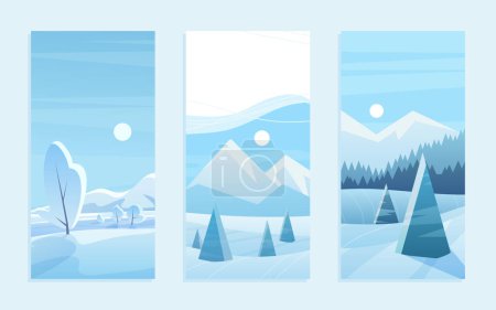 Photo for Christmas landscape greeting card vector illustration set. Cartoon cute frost woods with geometric pine trees under snow, blue flat mountains on horizon, snowy winter woodland landscape collection - Royalty Free Image