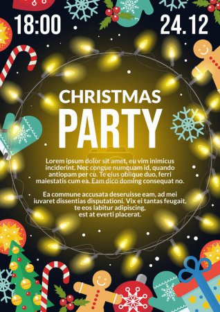 Photo for Christmas party flyer poster vector illustration. Invitation holiday card for Xmas celebration with decoration gifts, golden light bulbs, Christmas tree. Invite to celebrate Merry Christmas background - Royalty Free Image