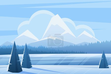Photo for Blue winter landscape flat vector illustration. Spruce forest and mountains. Snowy nature view in frozen day. Wood in wintertime. Frosty outdoor scene with snow. Seasonal background - Royalty Free Image