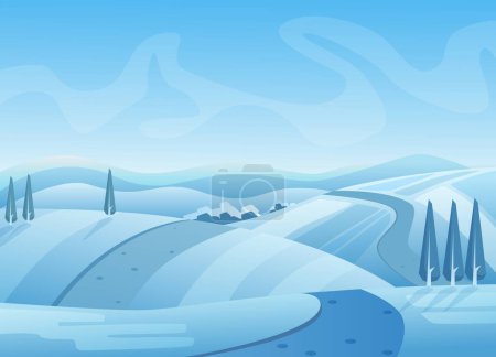 Photo for Blue winter landscape vector illustration. Snowy hills with trees. Road on snow. Wintertime, cold weather. Rural area under sky. Picturesque seasonal background. Frosty outdoor scene - Royalty Free Image