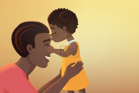 Photo for Cute little black african american daughter girl kid kisses her happy father dad cartoon vector illustration - Royalty Free Image