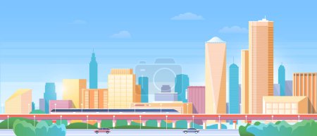 Illustration for Panorama of city subway, urban cityscape with modern metro train on railway bridge skyline - Royalty Free Image