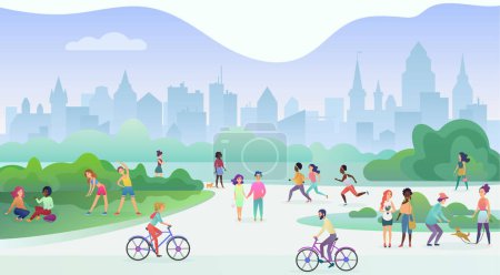 Photo for Group of people performing sports activities at park. Doing gymnastics exercises, jogging, talking and walking, riding bicycles, playing with pets. Modern public city park street vector illustration - Royalty Free Image