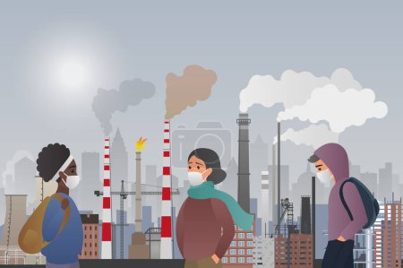Illustration for Young sad male and female people wear protecting masks suffering from manufacture pipes air polluting in the city. Industrial smog, fine dust, air pollution, pollutant gas emission - Royalty Free Image