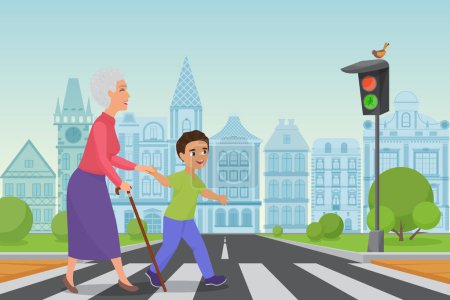 Photo for Polite little boy helps smiling old woman to pass the road at a pedestrian crossing while the green light shines. Cartoon vector illustration - Royalty Free Image