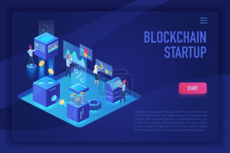 Photo for Cryptocurrency blockchain startup isometric ultraviolet light landing page template - Royalty Free Image
