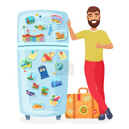 Photo for Traveler man showing fridge with souvenir famous places magnets, travel agency concept - Royalty Free Image