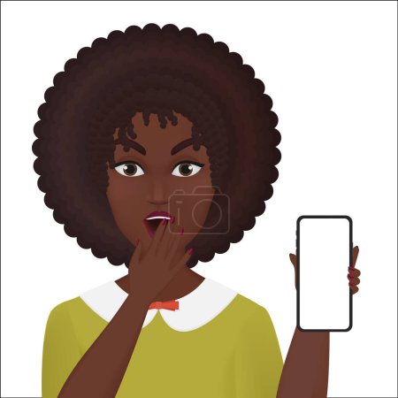Photo for Cute surprised young african american female holding new smartphone isolated - Royalty Free Image