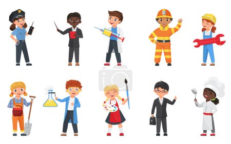 Photo for Kids in different professions and poses vector illustration set. Cartoon flat happy child character collection of children wearing professional worker uniform, holding tools for work isolated on white - Royalty Free Image