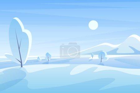 Photo for Blue winter landscape flat vector illustration. Scenic view with snowy field and mountains under sky. Sunny cold day. Wintertime outdoor scene. Seasonal nature background with snow - Royalty Free Image