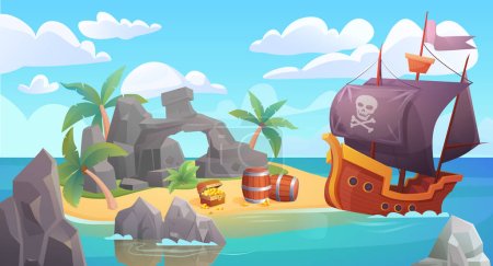Illustration for Pirate island landscape vector illustration. Cartoon scenic seascape with piratical ship in ocean or sea waters and treasure old chest full of gold on rocky beach island, adventure scene background - Royalty Free Image