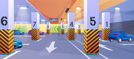 Illustration for Underground car parking vector illustration. 3d interior design with automobile cars parked indoor in underground parking lots garage of city shopping mall building or supermarket basement background - Royalty Free Image