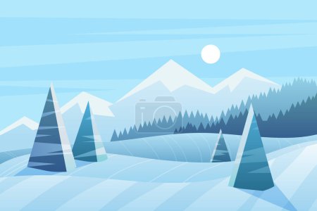 Photo for Sunny winter day vector illustration. Scenic view with spruces and mountains. Nature in wintertime. Snowy forest. Frozen weather. Seasonal background. Picturesque outdoor scene with snow - Royalty Free Image