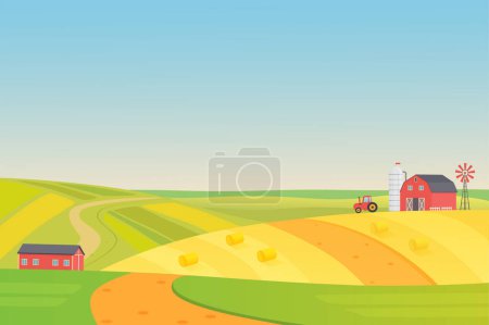 Illustration for Autumn sunny eco harvesting farm landscape with agriculture vehicles, windmill, silage tower and hay. Colorful flat vector illustration - Royalty Free Image