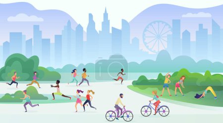 Photo for Physical sport outdoors activity in city public park. People are running, cycling and doing yoga. Sport and fitness, healthy lifestyle concept vector illustration - Royalty Free Image