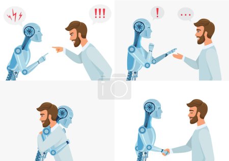 Artific intelligence interaction concept. Human and robot. Human and modern robot communication. Concept business technology vector illustration