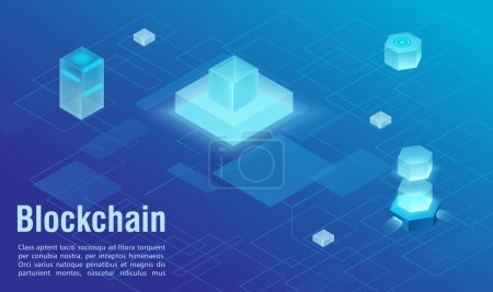 Photo for Blockchain technology structure abstract isometric vector illustration background. Blue virtual scheme distributed protected database with blocks as geometry figures linked using cryptography as lines - Royalty Free Image