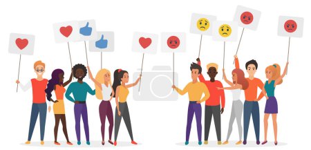 Photo for People holding emoji emotions posters flat vector illustration. Social satisfaction and stratification concept. Angry and happy groups of people characters isolated - Royalty Free Image