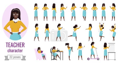 Photo for Teacher woman poses set with cartoon female character - Royalty Free Image
