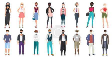 Photo for People in stylish fashion casual clothes wearing face masks to prevent disease. Novel coronavirus pandemic 2019-nCoV, COVID-19. Man woman in new style medical face mask protection vector illustration. - Royalty Free Image