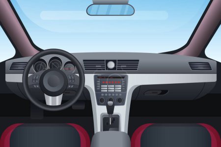 Illustration for Automobile black and red interior vector illustration. Control panel and windscreen view from front seats. Dashboard and steering wheel in car. Inside look of vehicle with mechanical transmission - Royalty Free Image