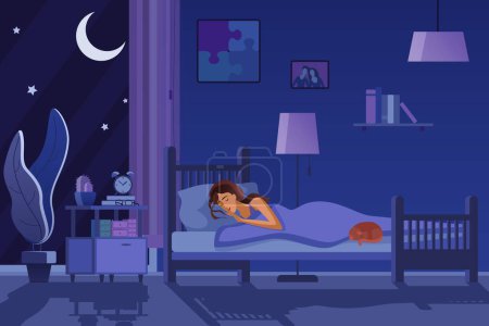 Photo for Young tired woman sleeping in bed covered with quilt. Student female sleep at night in dark bedroom interior cartoon flat vector illustration - Royalty Free Image