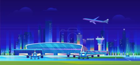 Photo for City airport at night vector illustration. Cartoon flat airport terminal modern building, airplanes waiting flight, aircrafts taking off and landing on runway, neon cityscape skyscrapers background. - Royalty Free Image