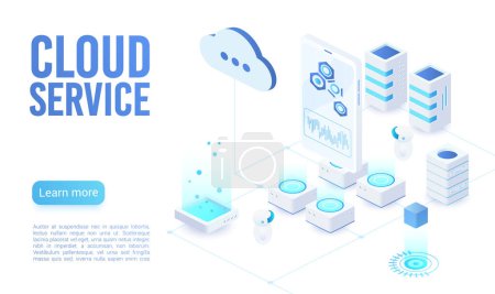 Photo for Cloud service soft light landing page isometric vector template. Programmer synchronizing personal information. Database neon storage, data encryption and protection. Cloud computing website homepage - Royalty Free Image