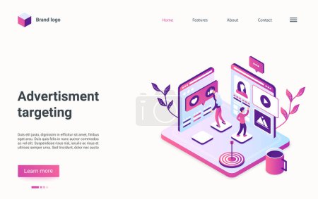Photo for Advertisment, digital marketing and remarketing strategy isometric landing page design. Cartoon 3d marketer people working online on campaign targeting in social media technology vector illustration - Royalty Free Image