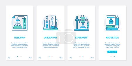 Photo for Scientific knowledge, laboratory research vector illustration. UX, UI onboarding mobile app page screen set with line science experiment symbols, lab flask, scientist equipment and education concepts - Royalty Free Image