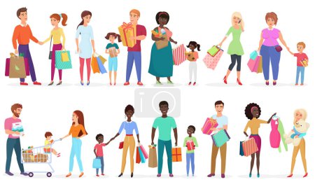 Photo for Cartoon people carrying shopping bags with purchases. Men, women and kids characters. Seasonal sale at store, shop, mall vector illustration - Royalty Free Image