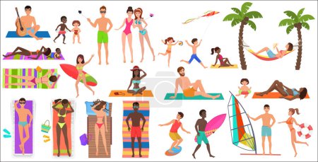 Photo for Summer beach cartoon relaxing people activities set vector illustration - Royalty Free Image